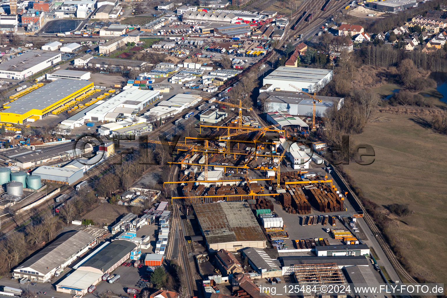 Aerial view of Company grounds and facilities of Baustahl- Armierungsgesellschaft Mannheim mbH in Mannheim in the state Baden-Wuerttemberg, Germany