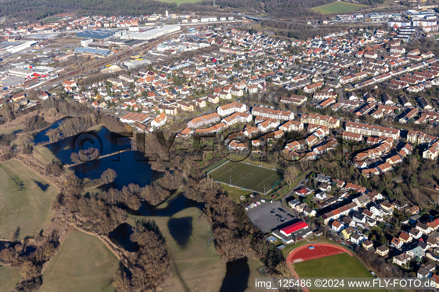 District Rheinau in Mannheim in the state Baden-Wuerttemberg, Germany from the plane