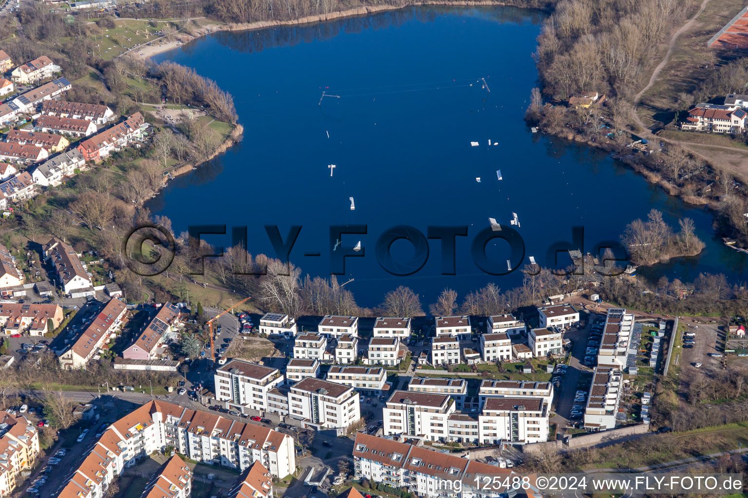 Aerial view of Lake Rheinau in the district Rheinau in Mannheim in the state Baden-Wuerttemberg, Germany