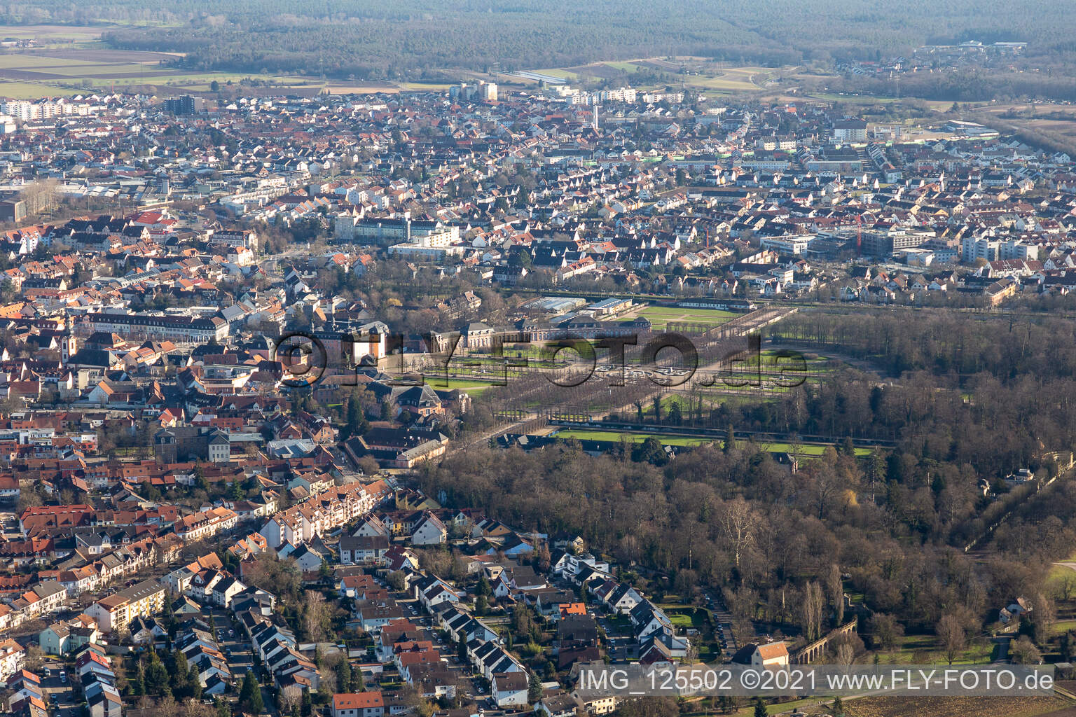 Aerial view of Castle park in Schwetzingen in the state Baden-Wuerttemberg, Germany