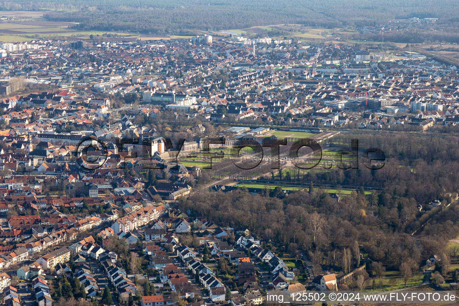 Aerial view of Castle park in Schwetzingen in the state Baden-Wuerttemberg, Germany