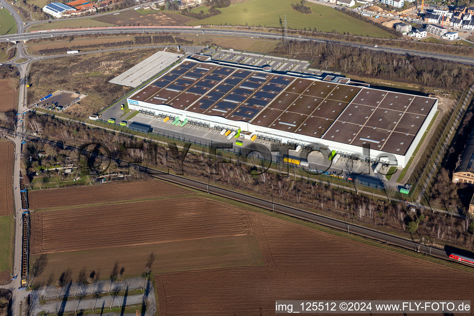 Building complex and grounds of the logistics center DD Logistik Vertriebs GmbH and DECATHLON Schwetzingen in Schwetzingen in the state Baden-Wuerttemberg, Germany