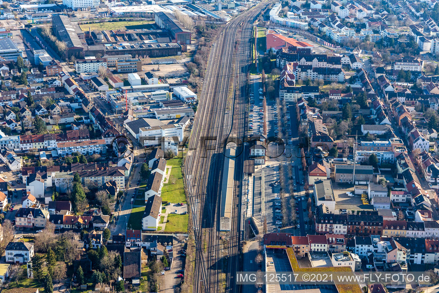 Aerial view of Railroad station in Schwetzingen in the state Baden-Wuerttemberg, Germany