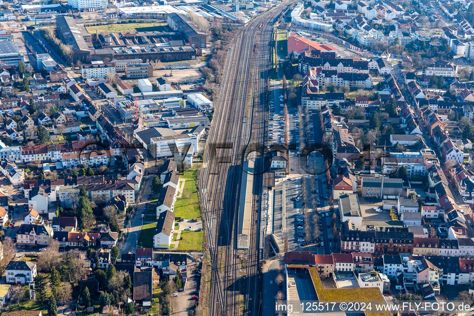 Aerial view of Railroad station in Schwetzingen in the state Baden-Wuerttemberg, Germany