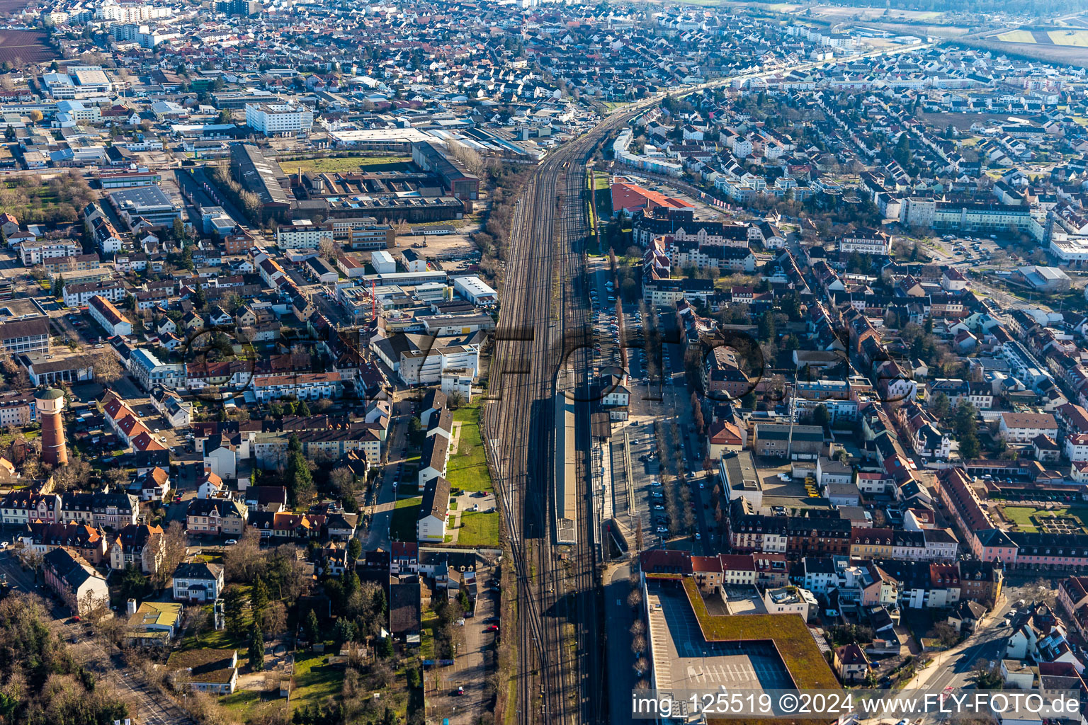 Aerial photograpy of Railroad station in Schwetzingen in the state Baden-Wuerttemberg, Germany