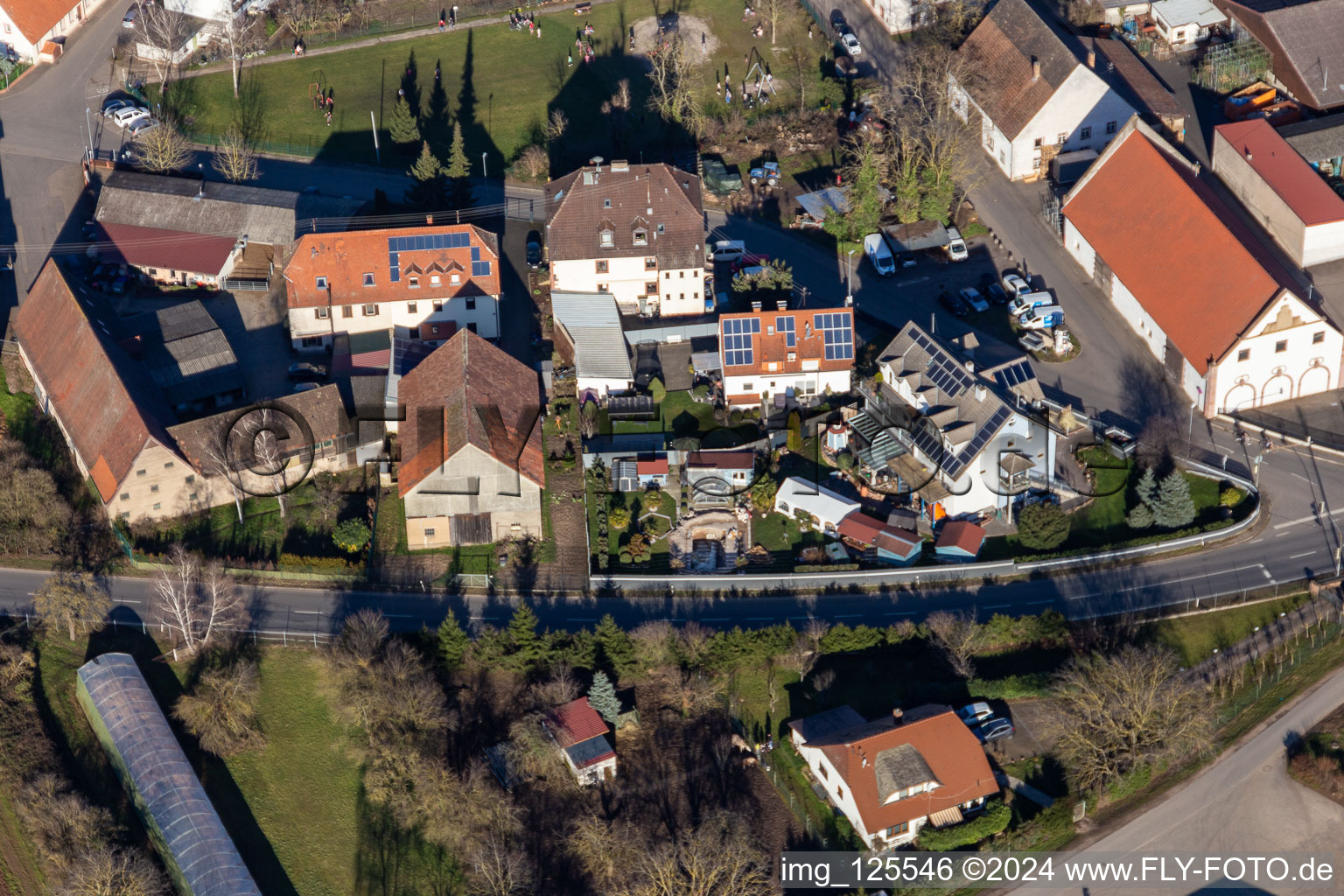 Oblique view of District Bruchhausen in Sandhausen in the state Baden-Wuerttemberg, Germany