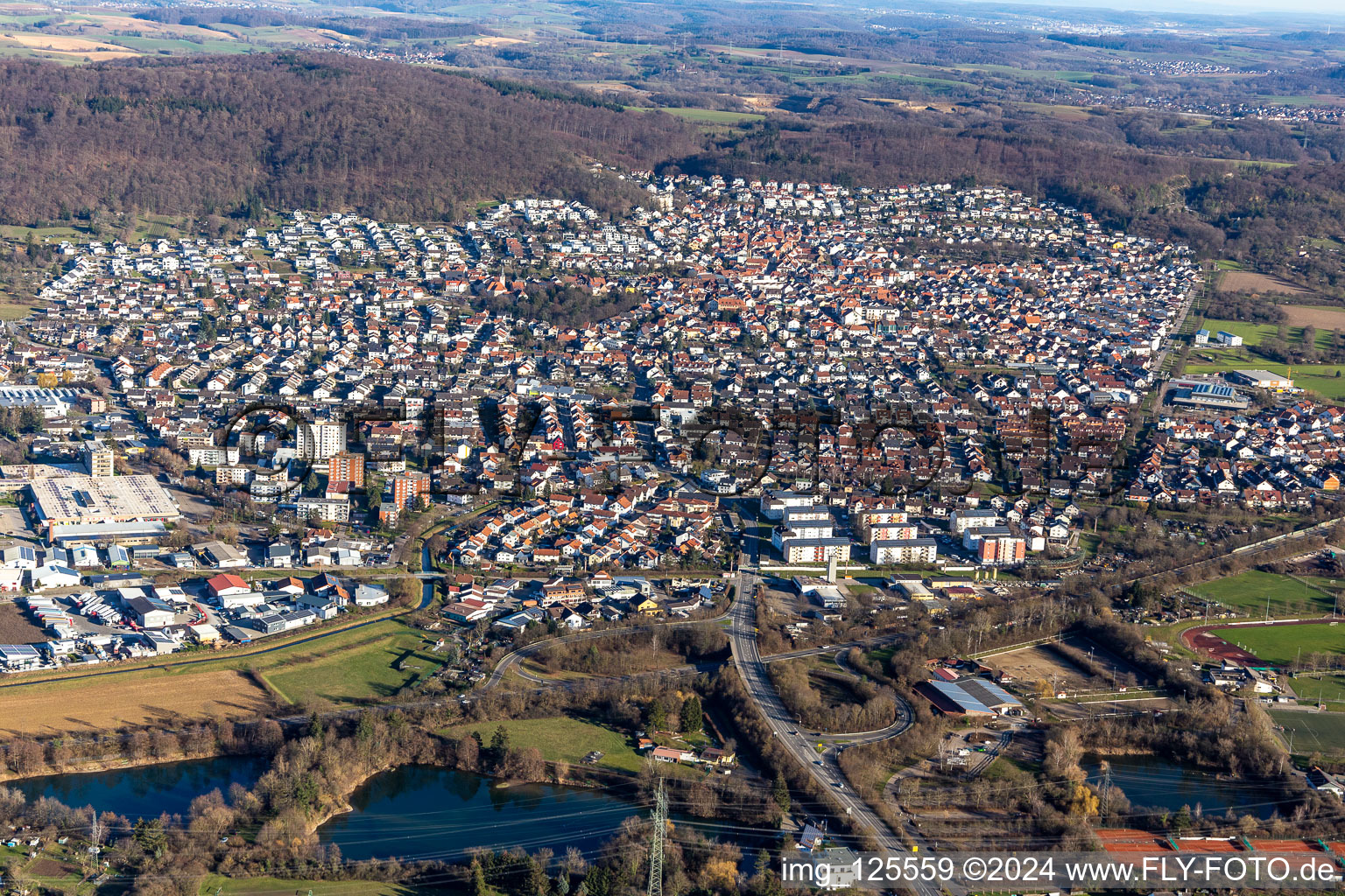 Town View of the streets and houses of the residential areas in Nussloch in the state Baden-Wuerttemberg, Germany