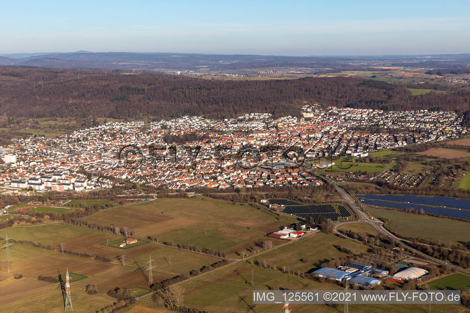 Aerial view of Town View of the streets and houses of the residential areas in Nussloch in the state Baden-Wuerttemberg, Germany