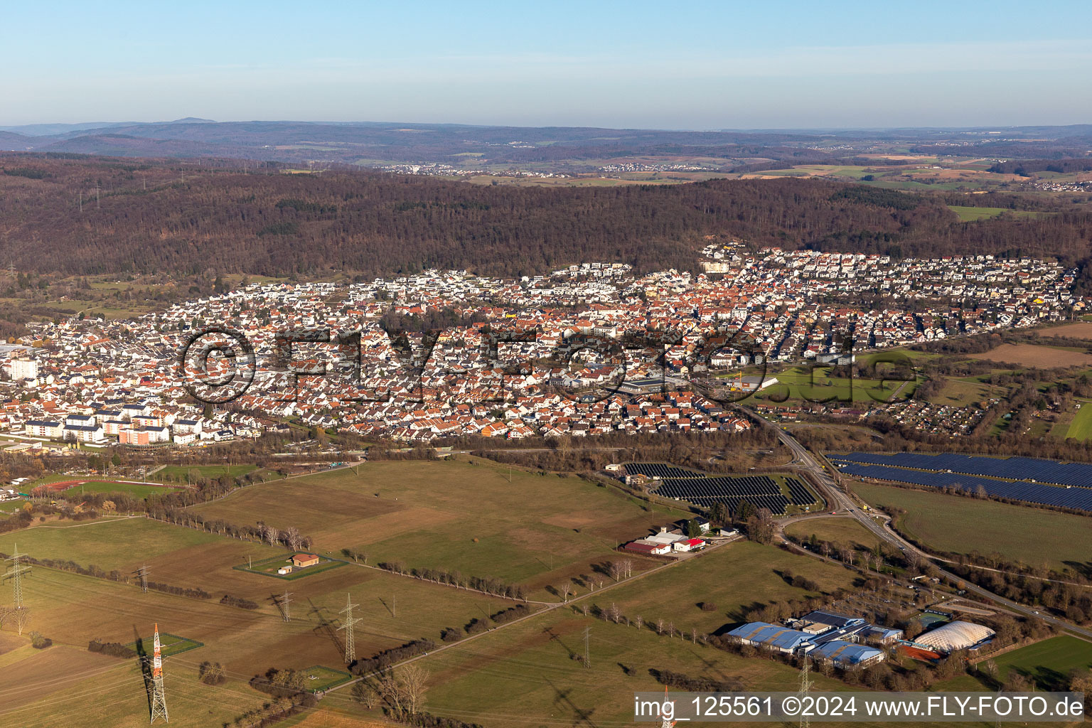 Aerial view of Town View of the streets and houses of the residential areas in Nussloch in the state Baden-Wuerttemberg, Germany