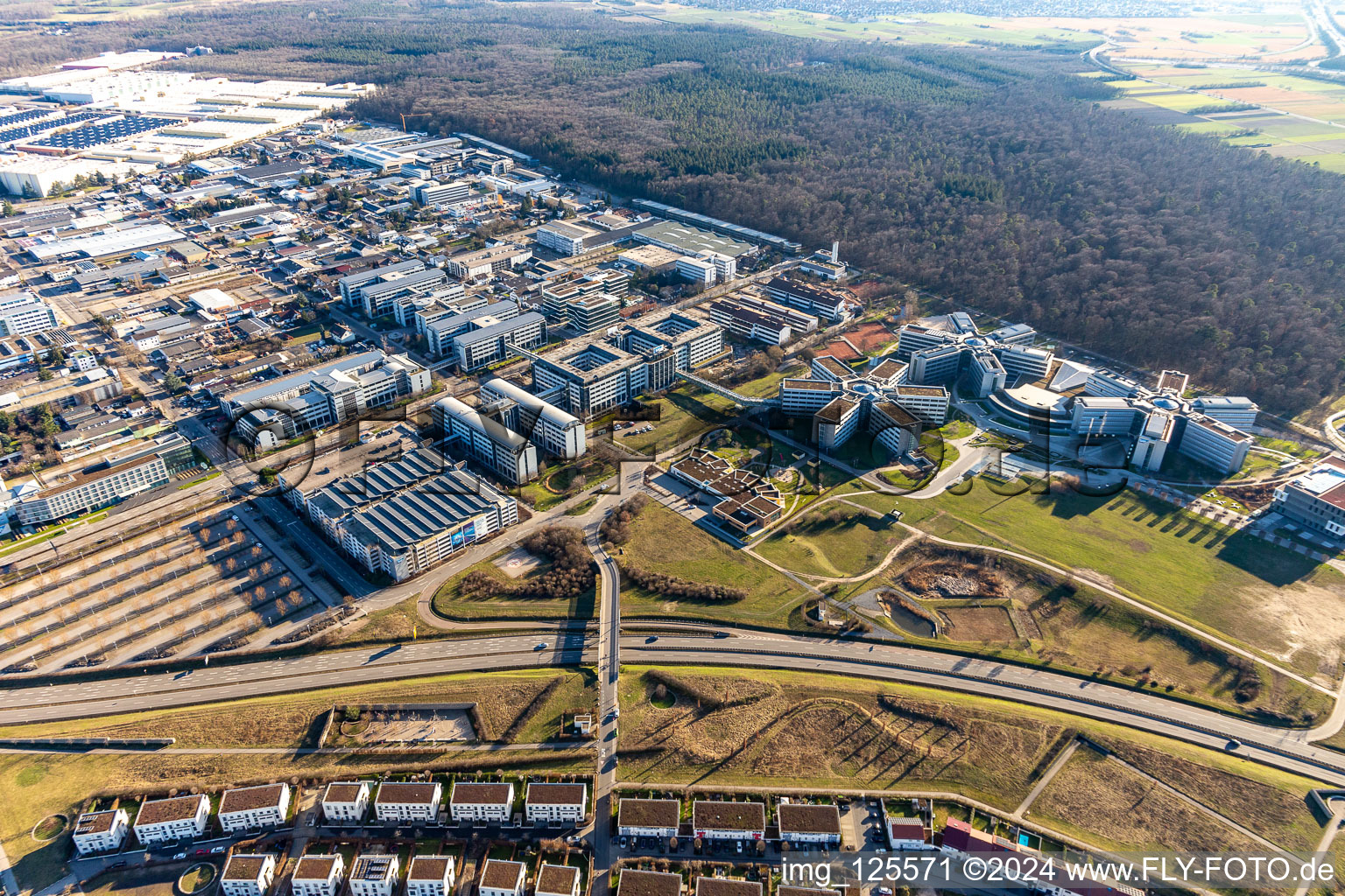 Aerial view of Star-shaped office buildings of the SAP Deutschland SE & Co. KG at the forest edged in Walldorf in the state Baden-Wuerttemberg