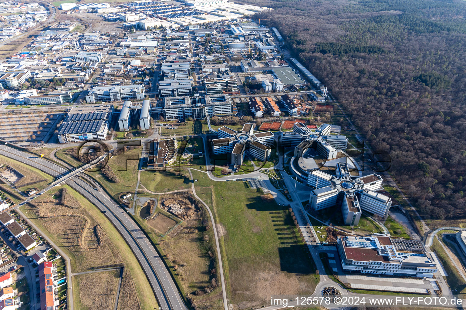 Star-shaped office buildings of the SAP Deutschland SE & Co. KG at the forest edged in Walldorf in the state Baden-Wuerttemberg out of the air