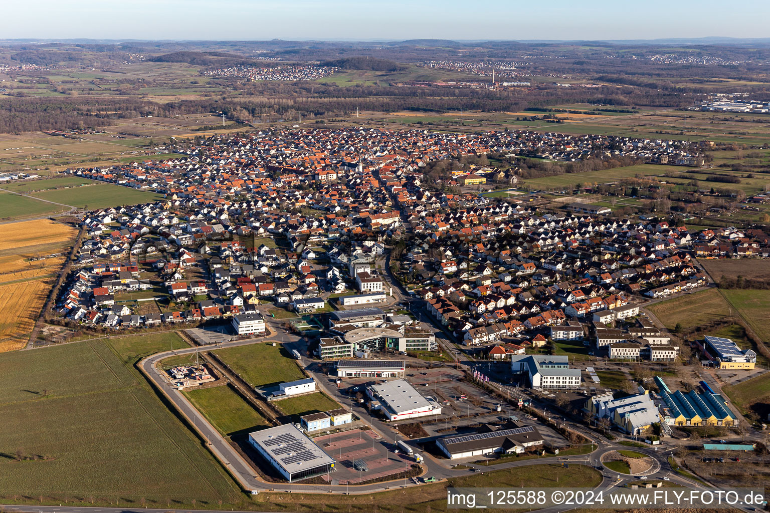 Aerial view of Village view on the edge of agricultural fields and land in the district Rot in Sankt Leon-Rot in the state Baden-Wuerttemberg, Germany