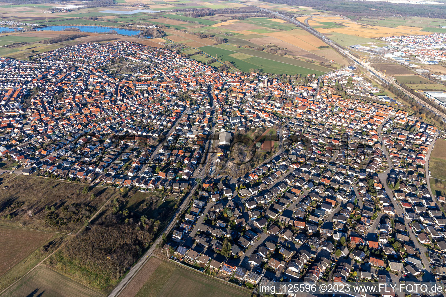 Aerial photograpy of Town View of the streets and houses of the residential areas in Sankt Leon in the state Baden-Wurttemberg, Germany
