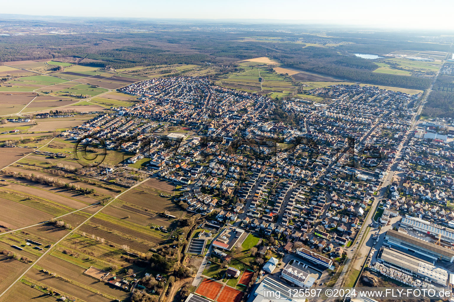 Aerial view of District Kirrlach in Waghäusel in the state Baden-Wuerttemberg, Germany