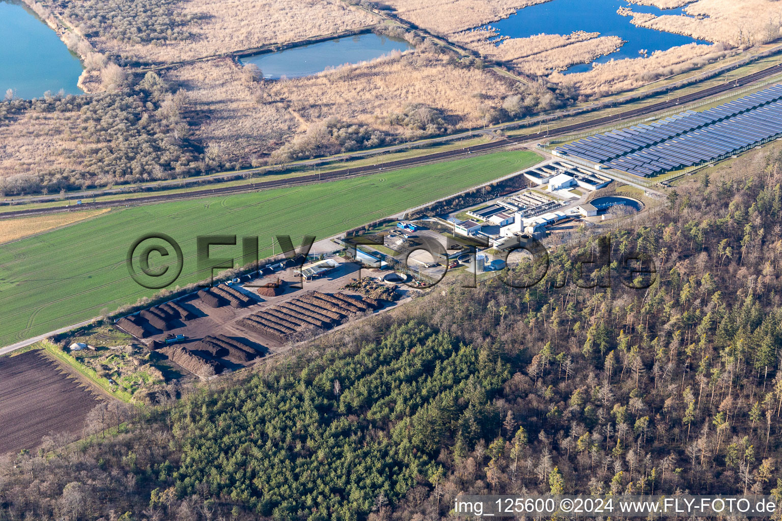 Aerial view of Rimu compost and photovoltaic field in the district Oberhausen in Oberhausen-Rheinhausen in the state Baden-Wuerttemberg, Germany