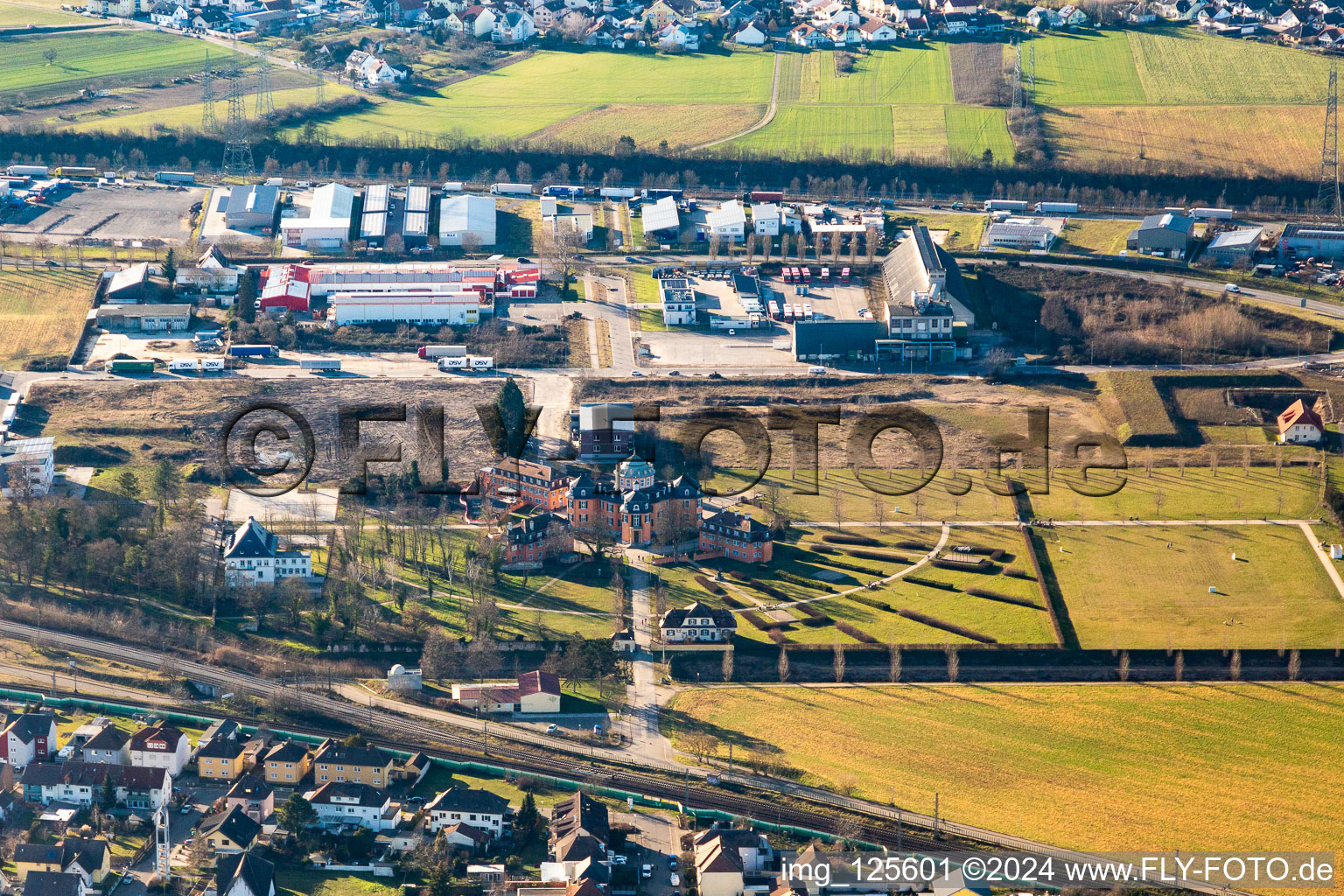 Aerial view of Buildings and parks at the mansion Eremitage in Waghaeusel in the state Baden-Wurttemberg, Germany