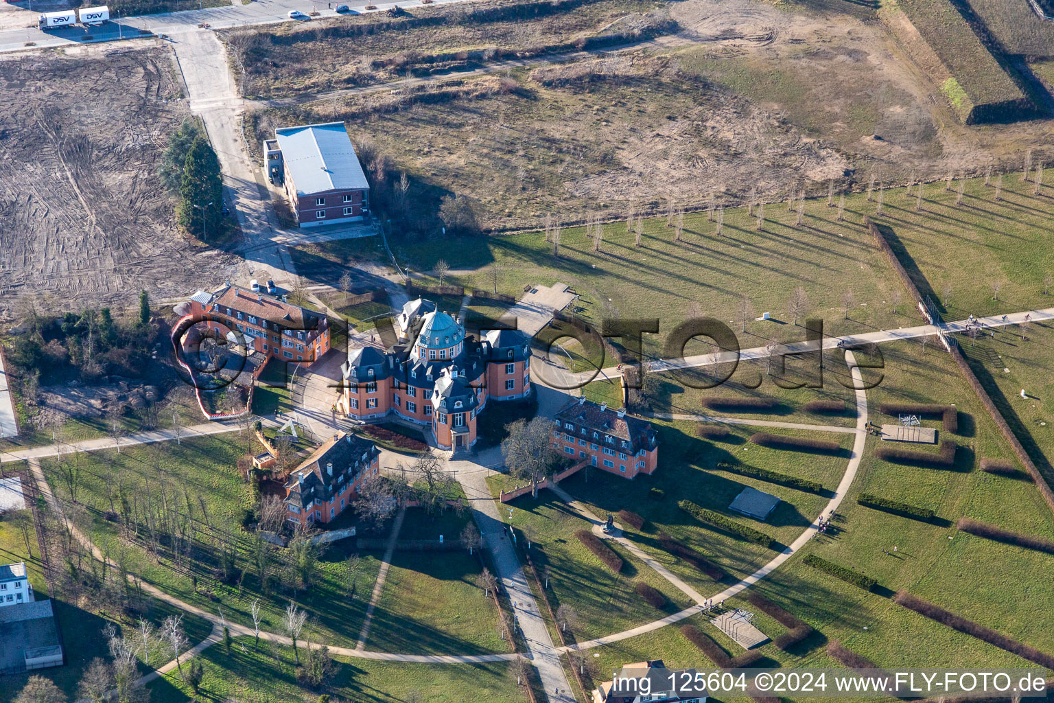 Aerial photograpy of Buildings and parks at the mansion Eremitage in Waghaeusel in the state Baden-Wurttemberg, Germany