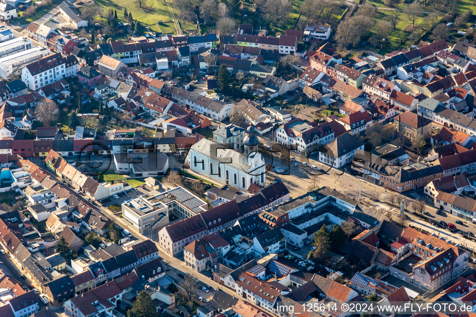 Church building of St. Maria Old in Town- center of downtown in Philippsburg in the state Baden-Wuerttemberg, Germany