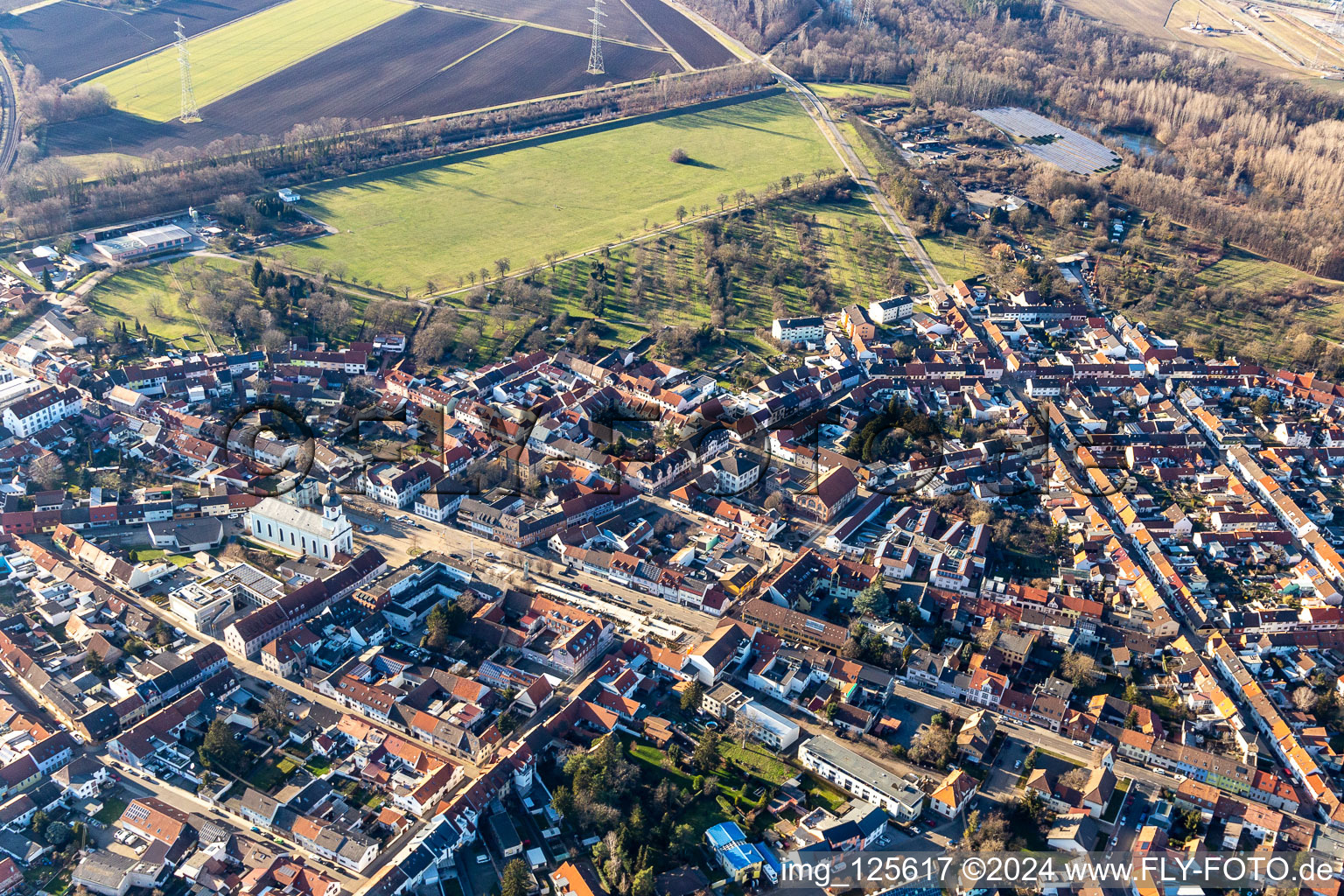 Aerial view of Catholic Church on the Market Square in Philippsburg in the state Baden-Wuerttemberg, Germany