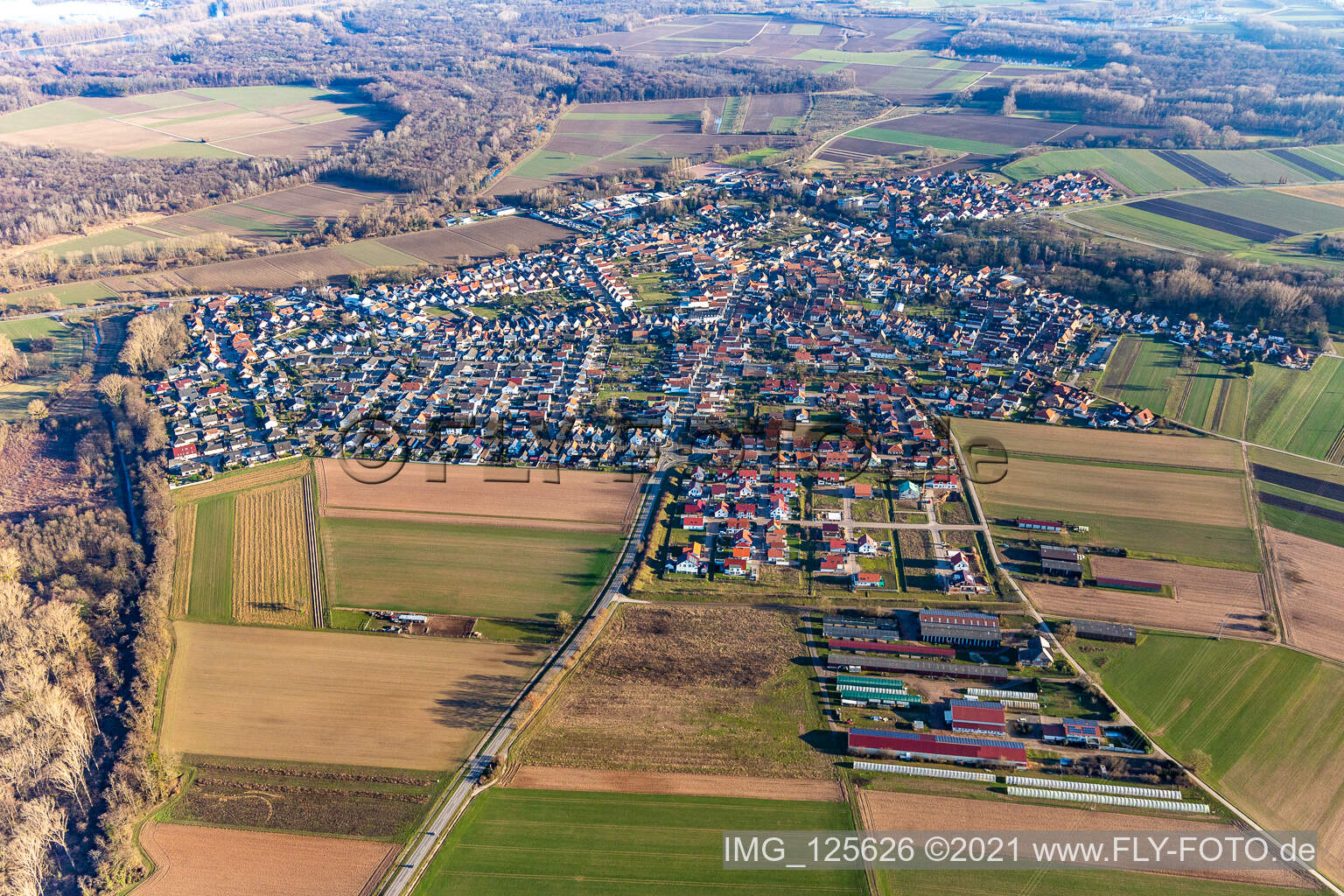 Village view on the edge of agricultural fields and land in Hoerdt in the state Rhineland-Palatinate, Germany