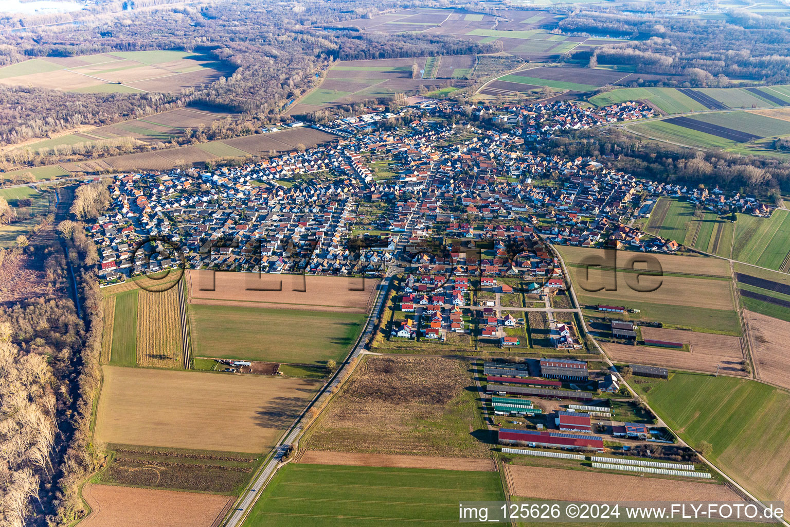 Village view on the edge of agricultural fields and land in Hoerdt in the state Rhineland-Palatinate, Germany