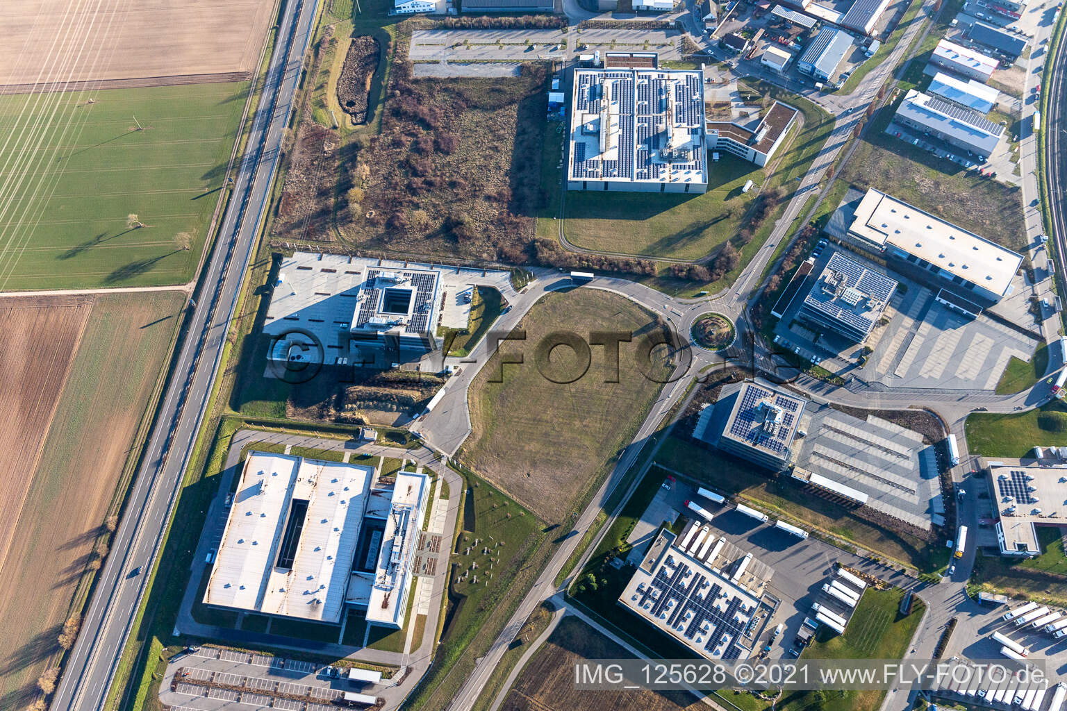 Oblique view of North industrial area in Rülzheim in the state Rhineland-Palatinate, Germany