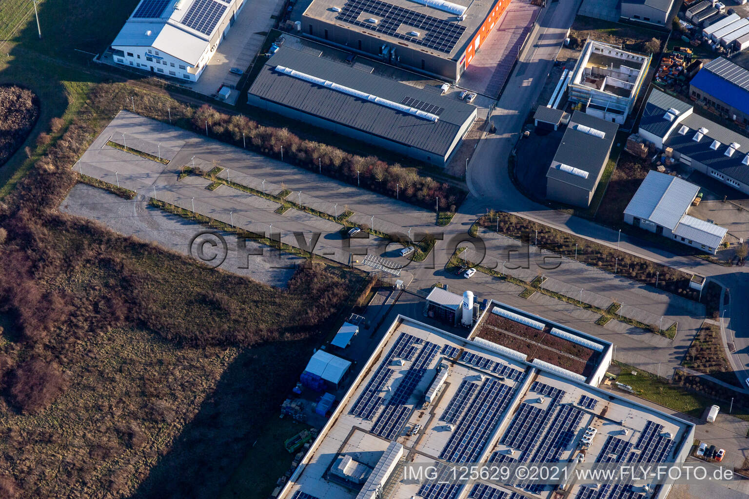 North industrial area in Rülzheim in the state Rhineland-Palatinate, Germany from above