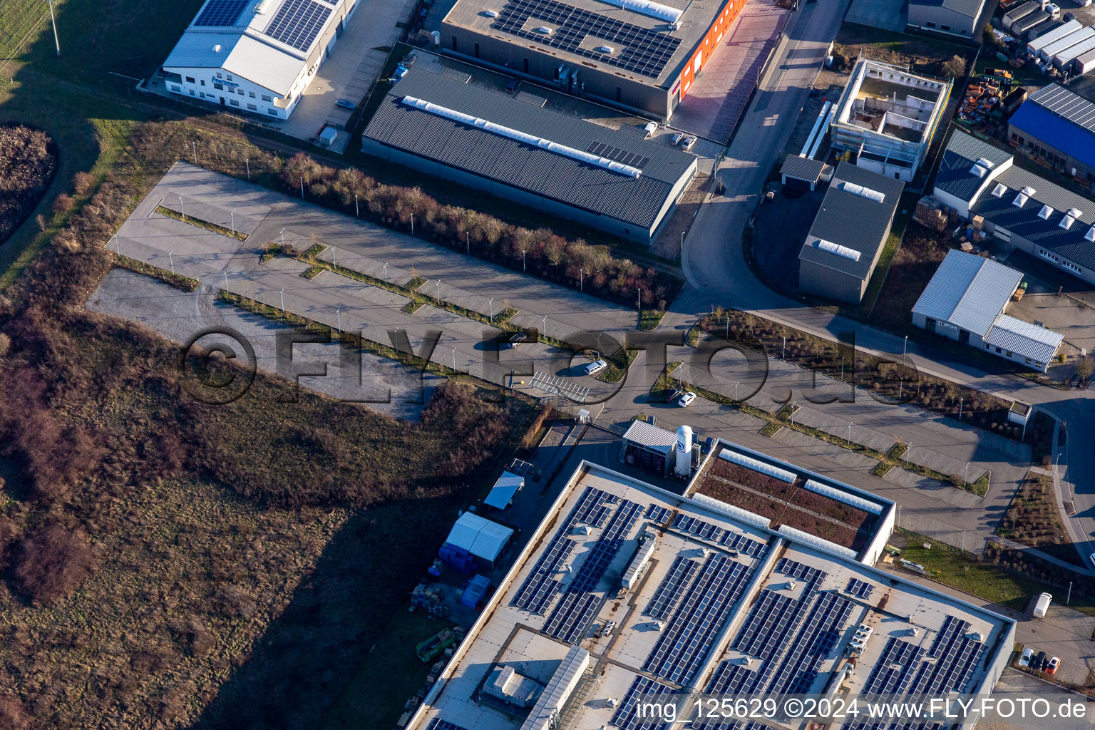 Industrial area north in Rülzheim in the state Rhineland-Palatinate, Germany from above