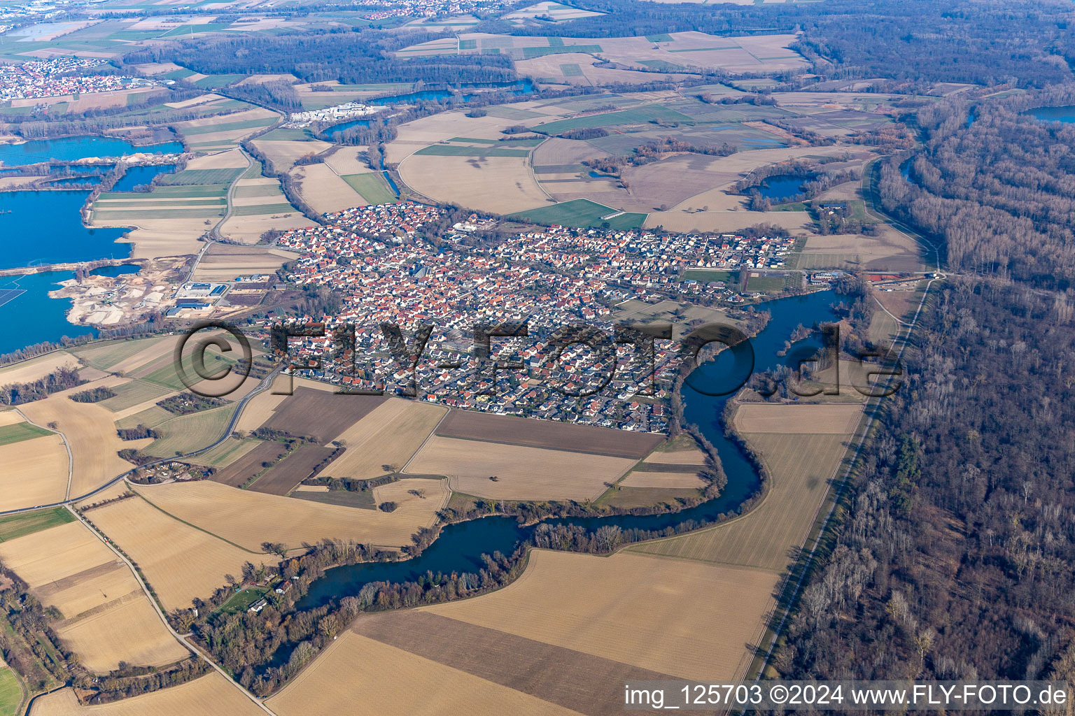 Aerial view of Leimersheim in the state Rhineland-Palatinate, Germany