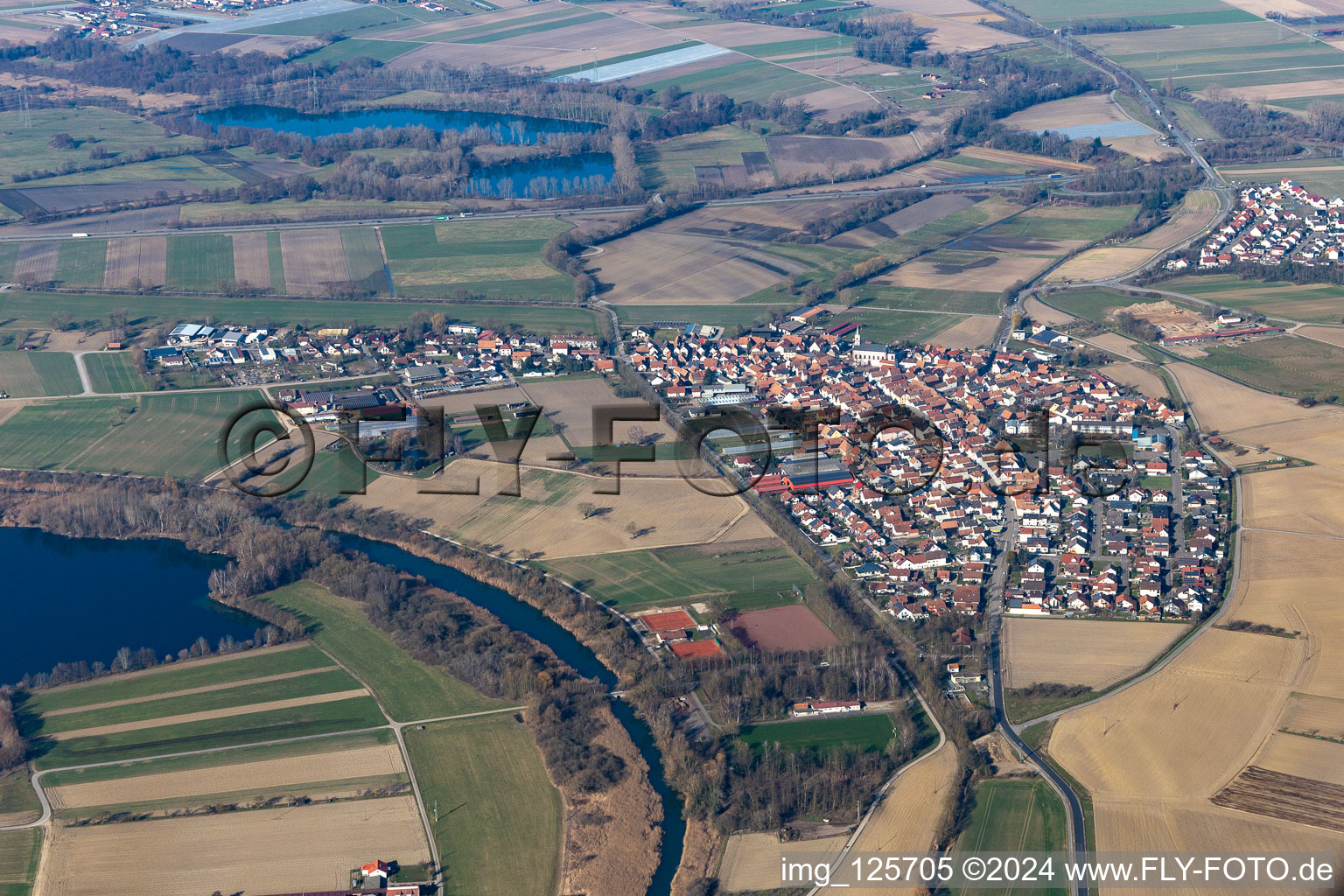 Bird's eye view of Neupotz in the state Rhineland-Palatinate, Germany