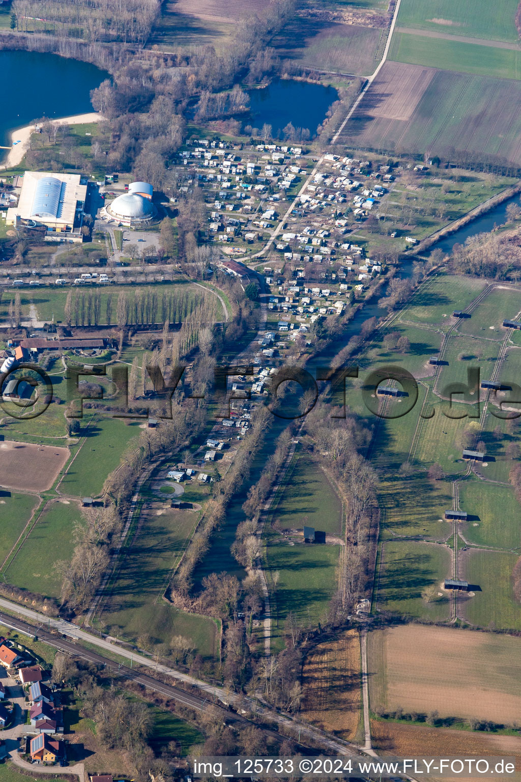 Aerial view of Camping site Rülzheim between Dampfnudel and Mhou ostrich farm in Rülzheim in the state Rhineland-Palatinate, Germany