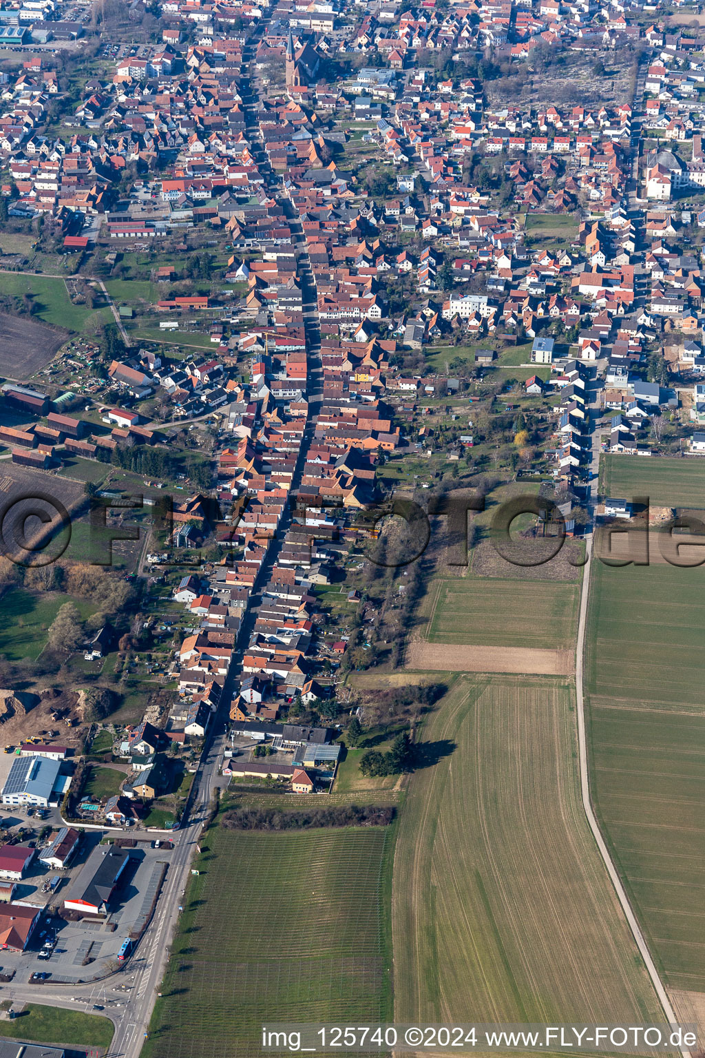 Aerial view of Lower Main Street in the district Herxheim in Herxheim bei Landau in the state Rhineland-Palatinate, Germany