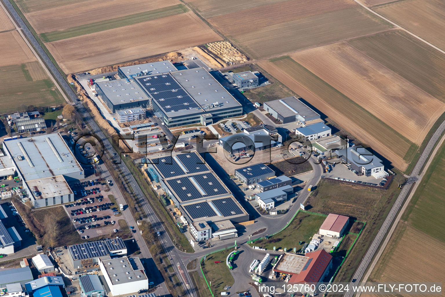 Industrial estate Gewerbepark West II with Ampco Pumps GmbH, msystems IT-Solutions GmbH, Hellmann Grosshandel, Martin Dradrach Verpackungen, BioMyCel UG and heo GmbH a?? Campus in Herxheim bei Landau (Pfalz) in the state Rhineland-Palatinate, Germany