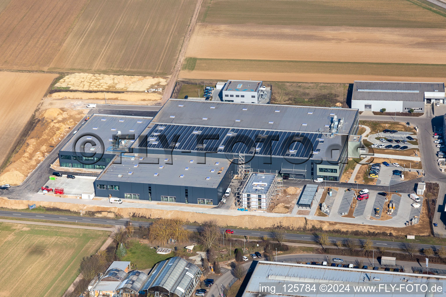 Industrial estate Gewerbepark West II with msystems IT-Solutions GmbH, Martin Dradrach Verpackungen and heo GmbH Campus in Herxheim bei Landau (Pfalz) in the state Rhineland-Palatinate, Germany