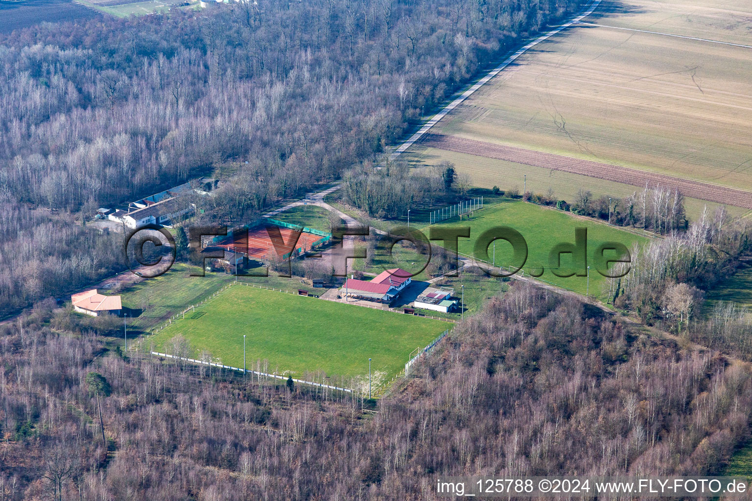 Tennis and football pitch, Waldschlösschen barbecue hut in Steinweiler in the state Rhineland-Palatinate, Germany