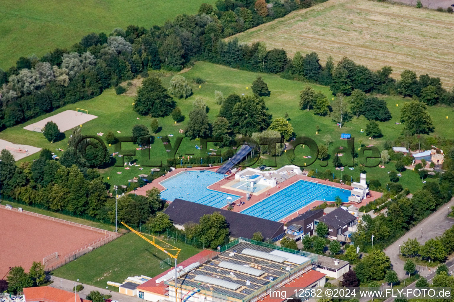 Aerial view of Outdoor pool in Offenbach an der Queich in the state Rhineland-Palatinate, Germany