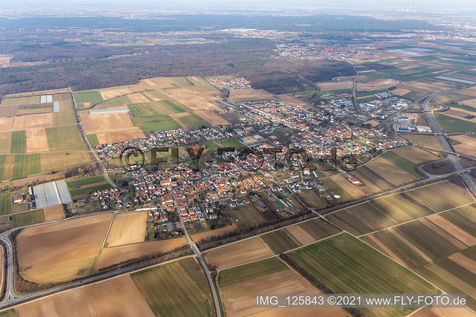 Drone image of Schwegenheim in the state Rhineland-Palatinate, Germany