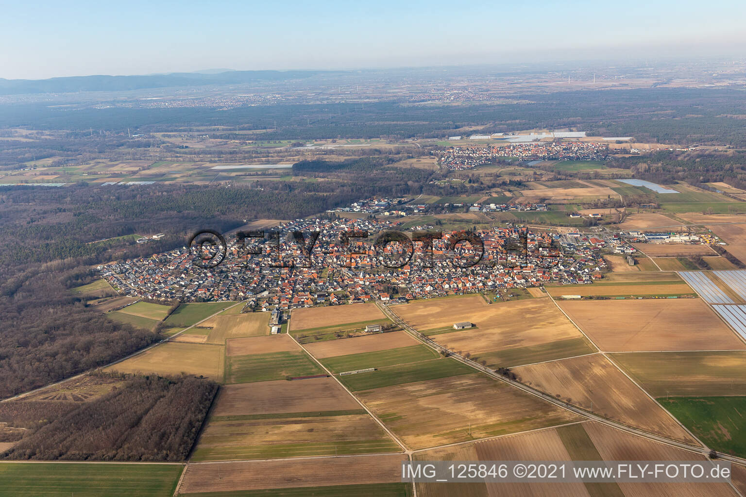Aerial photograpy of Town View of the streets and houses of the residential areas in Harthausen in the state Rhineland-Palatinate