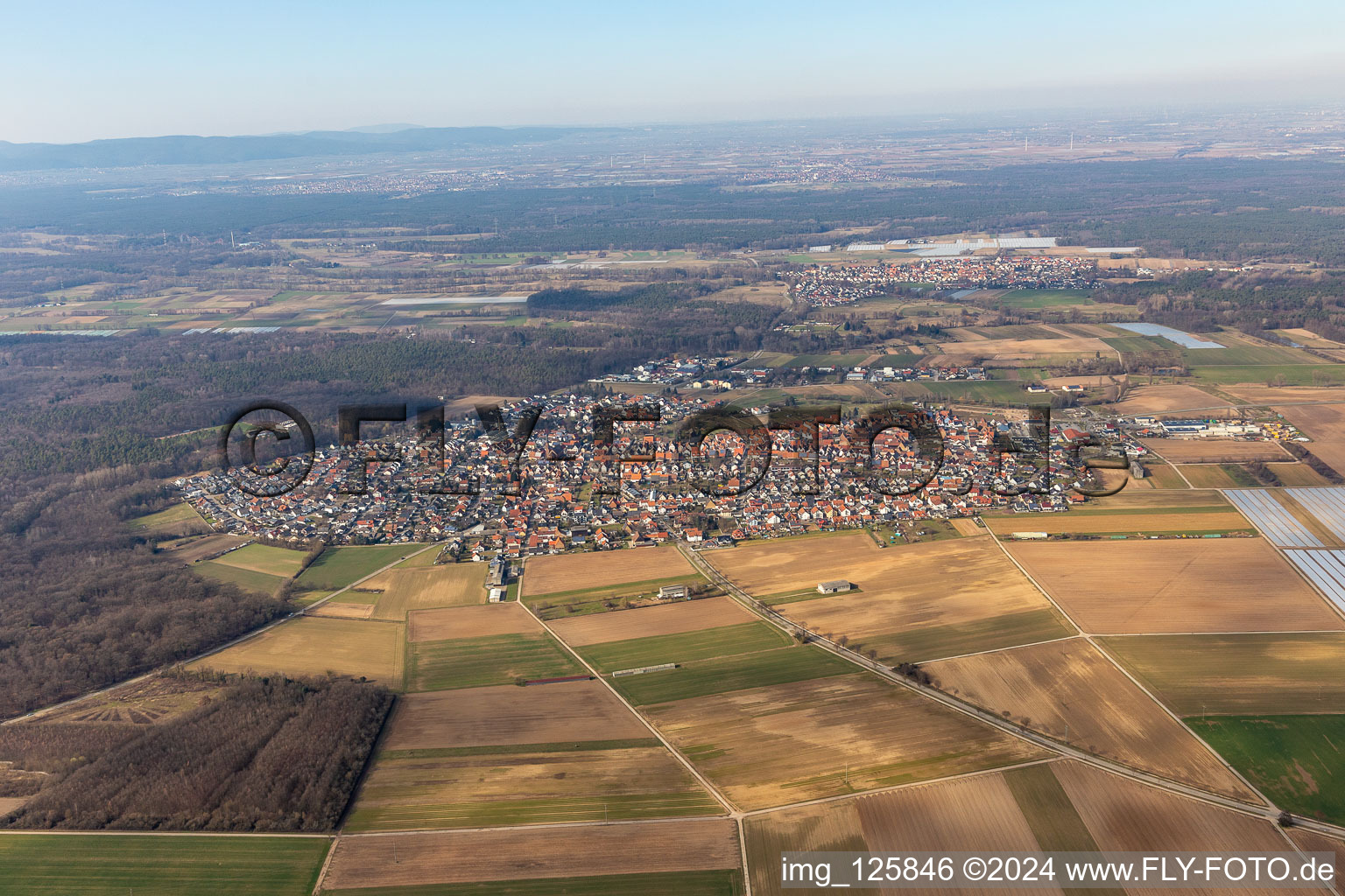 Aerial photograpy of Town View of the streets and houses of the residential areas in Harthausen in the state Rhineland-Palatinate