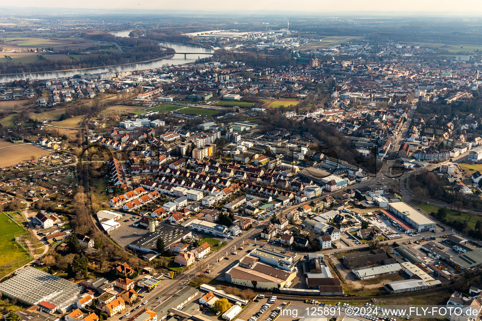 City view from the river bank of the Rhine in the East to the Wormser Landstrasse in the West in Speyer in the state Rhineland-Palatinate, Germany