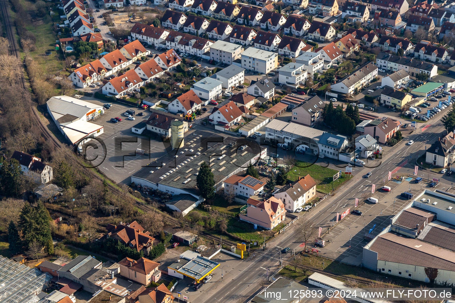 Former Promarkt site Am Rabensteinerweg in Speyer in the state Rhineland-Palatinate, Germany from the plane