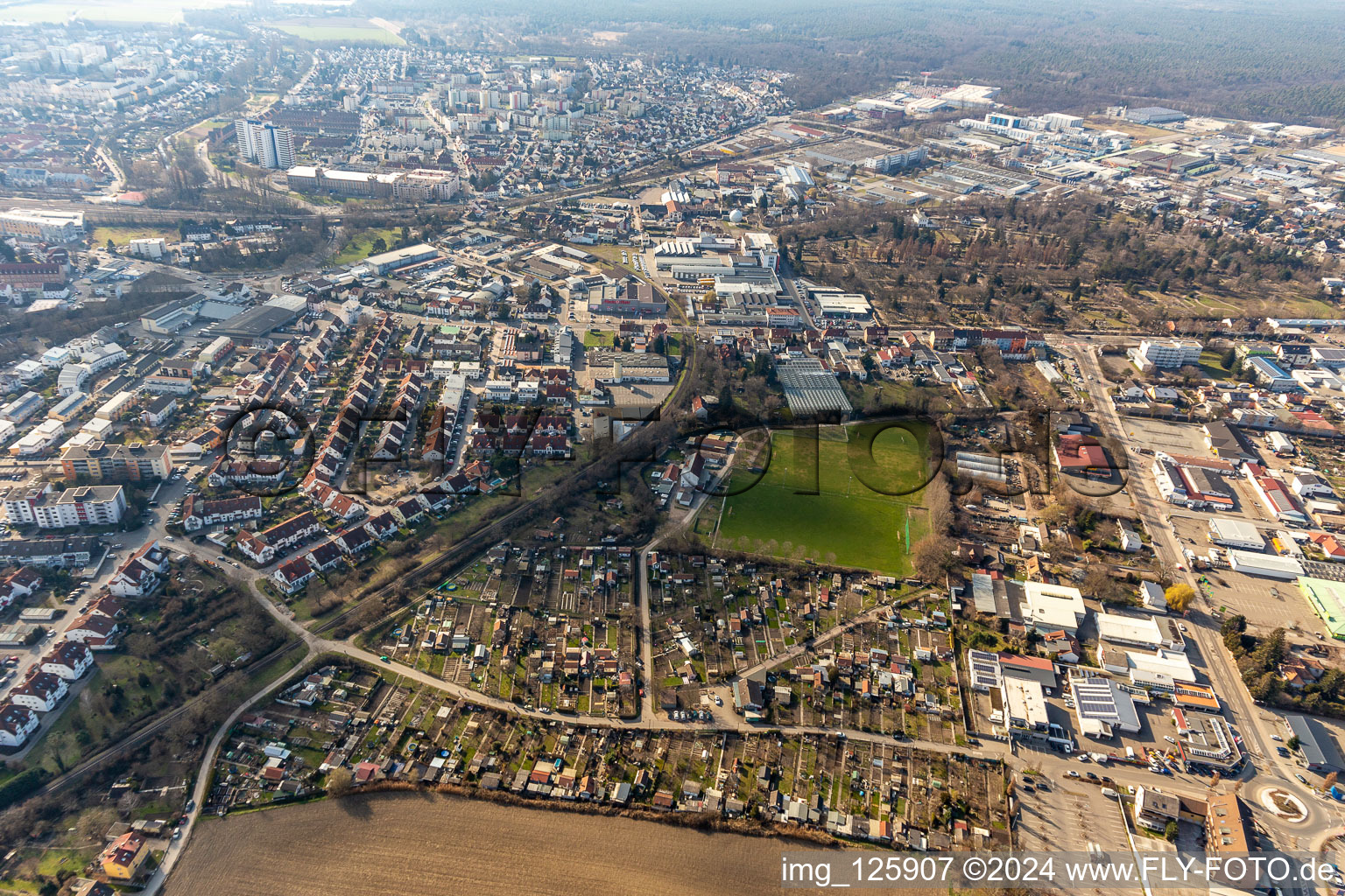 Allotment gardens and sports field at the cow pasture in Speyer in the state Rhineland-Palatinate, Germany