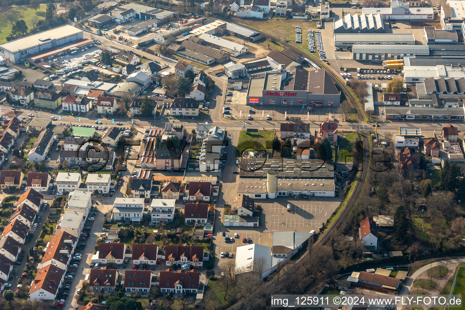 Former Promarkt site Am Rabensteinerweg in Speyer in the state Rhineland-Palatinate, Germany from the drone perspective