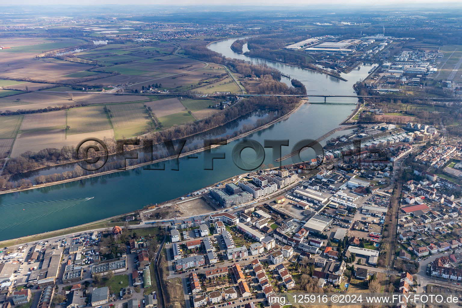 Pleasure boat marina with docks and moorings on the shore area of the Rhine in Speyer in the state Rhineland-Palatinate, Germany