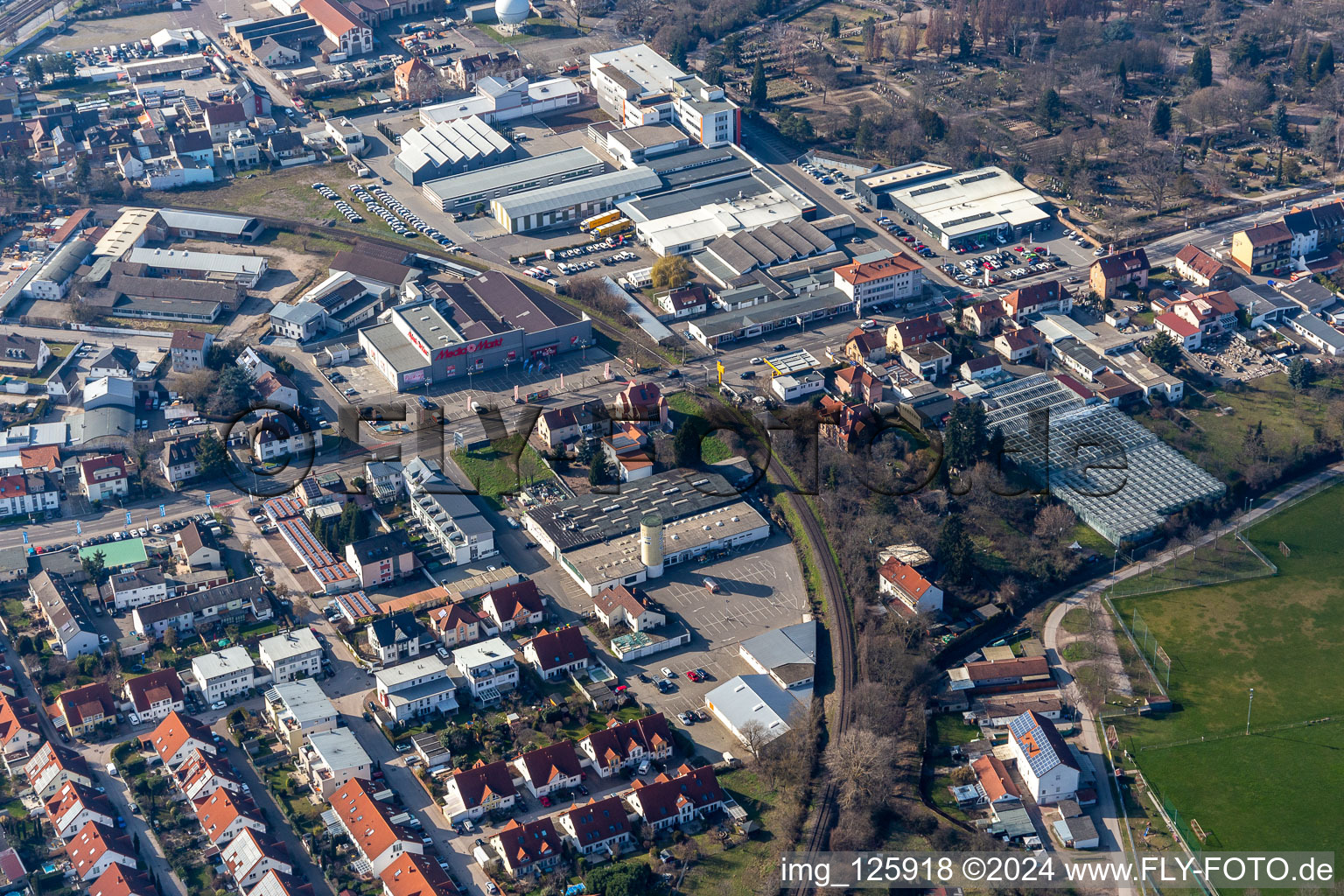 Former Promarkt site Am Rabensteinerweg in Speyer in the state Rhineland-Palatinate, Germany from a drone