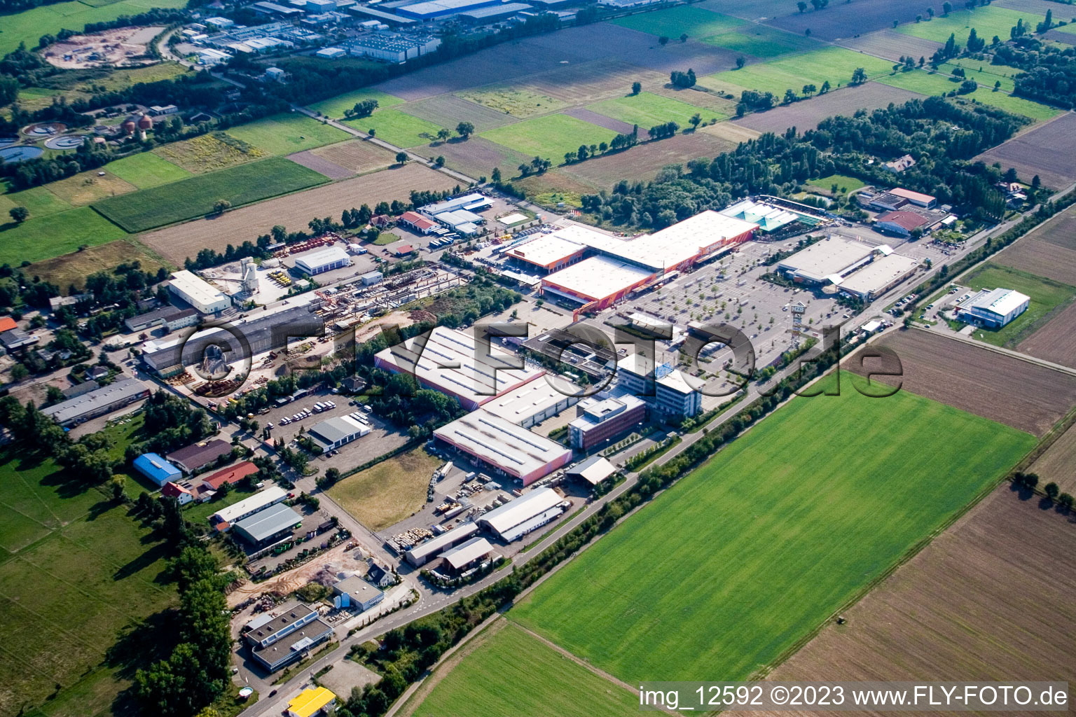 Aerial view of Bruchwiesenstrasse industrial area with Hornbach hardware store in the district Dreihof in Bornheim in the state Rhineland-Palatinate, Germany