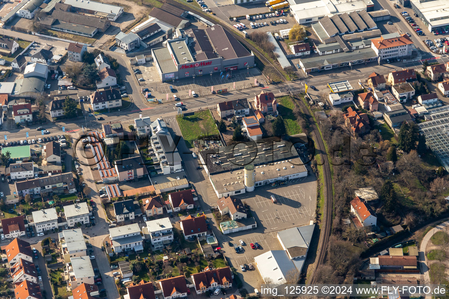 Former Promarkt site Am Rabensteinerweg in Speyer in the state Rhineland-Palatinate, Germany seen from a drone