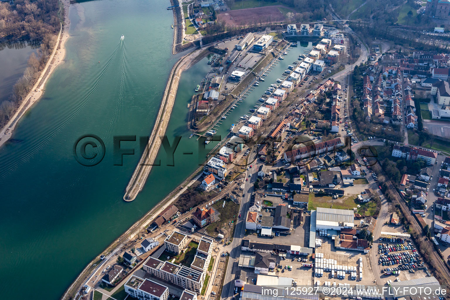 Pleasure boat marina with docks and moorings on the shore area of alten Hafen on Rhein in Speyer in the state Rhineland-Palatinate, Germany seen from above