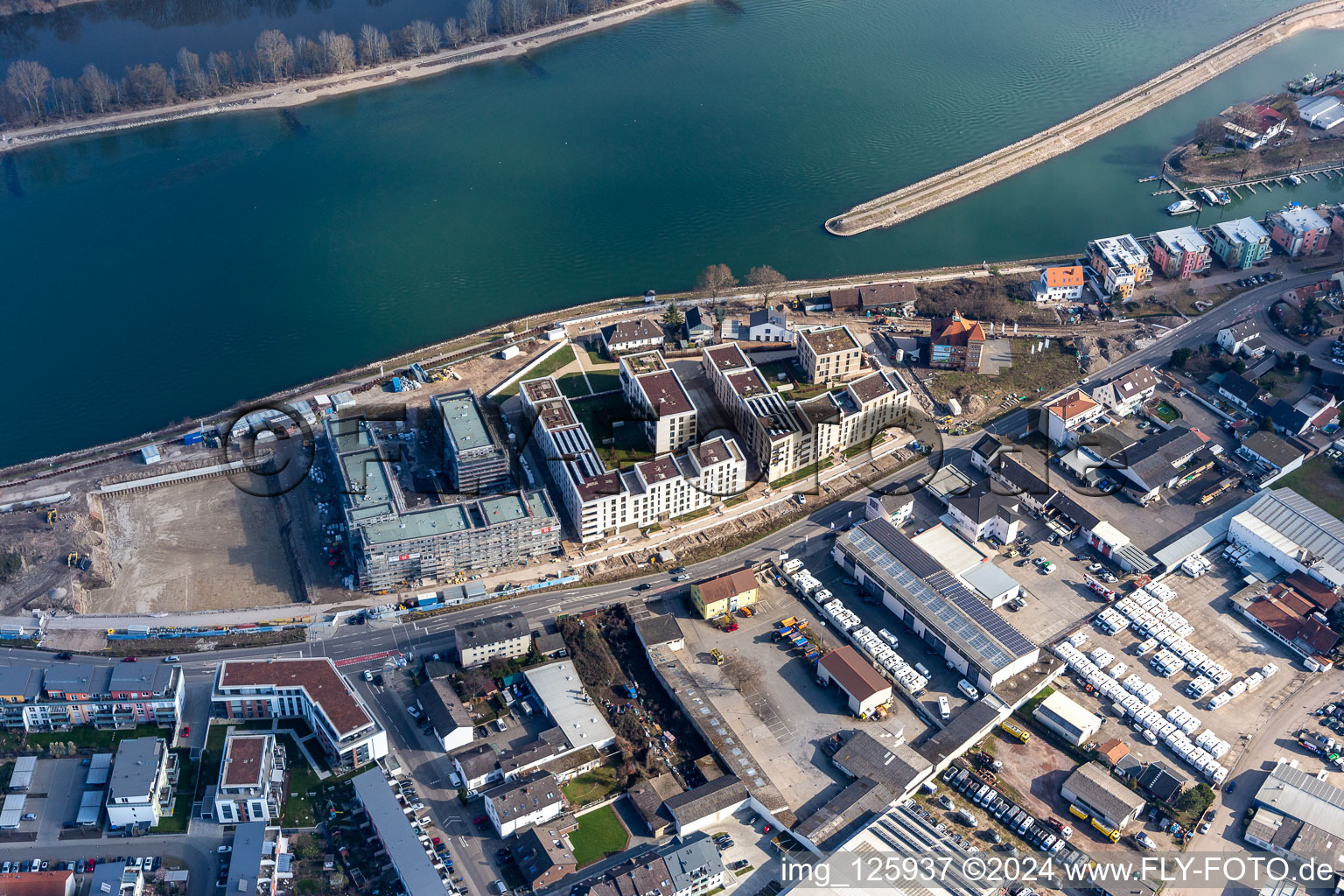 Aerial view of Pleasure boat marina with docks and moorings on the shore area of the Rhine in Speyer in the state Rhineland-Palatinate, Germany