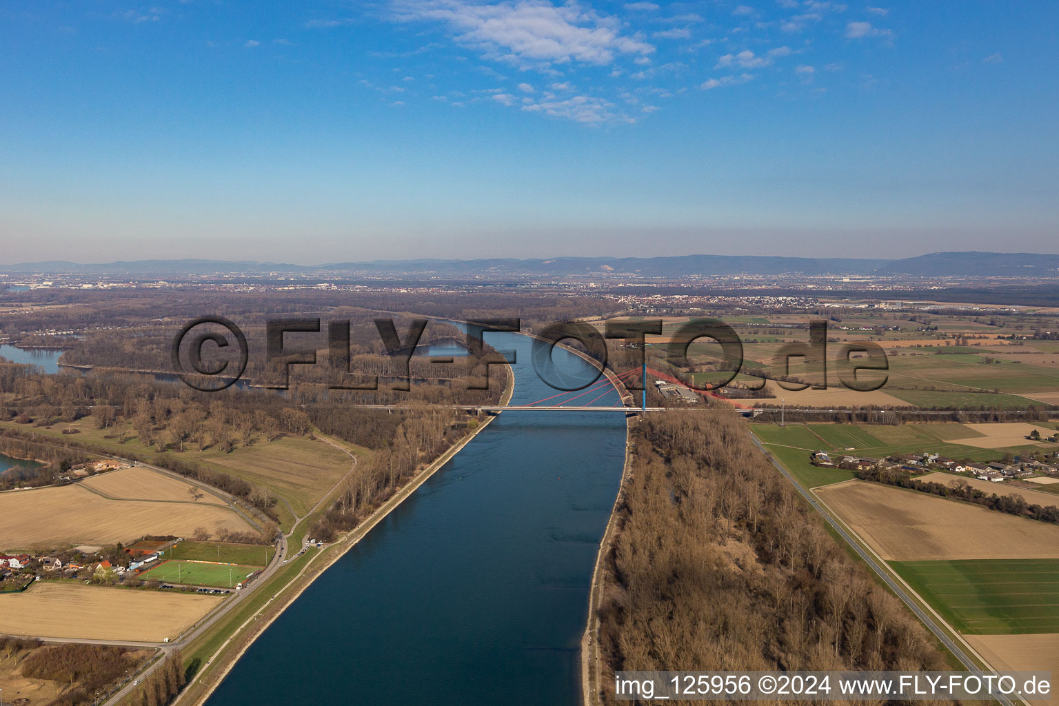 Riparian zones on the course of the river of Rhine with motorway bridge of the A61 in Speyer in the state Rhineland-Palatinate, Germany